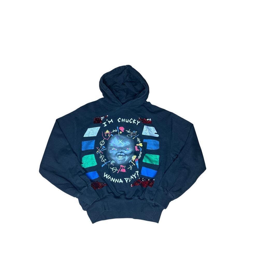 Chucky Horror Pullover Hoodie Men's Small - Black Graphic Wanna Play?
